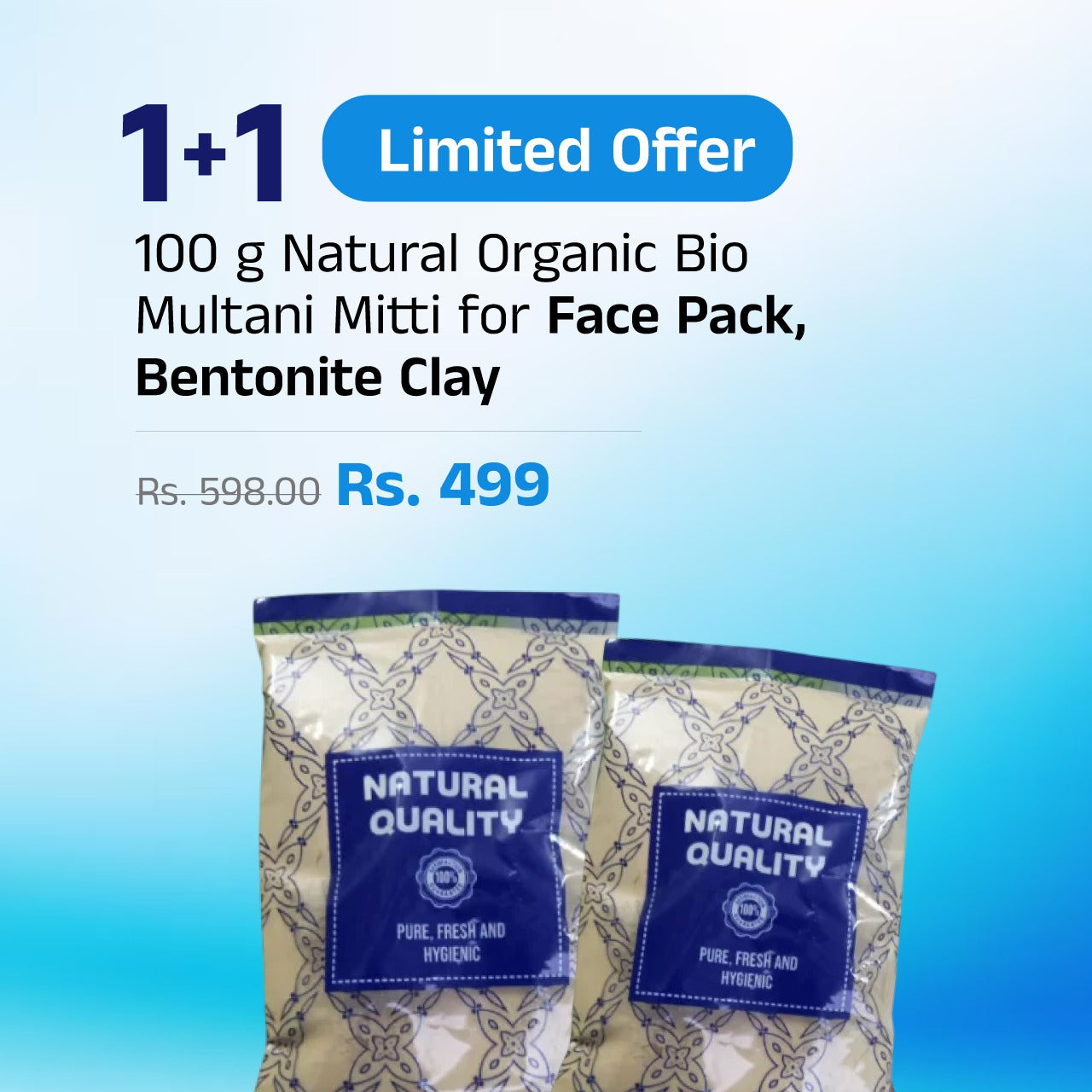 (1+1) Offer: 100 g Export Quality Natural Organic Bio Multani Mitti for Face Pack, Bentonite Clay